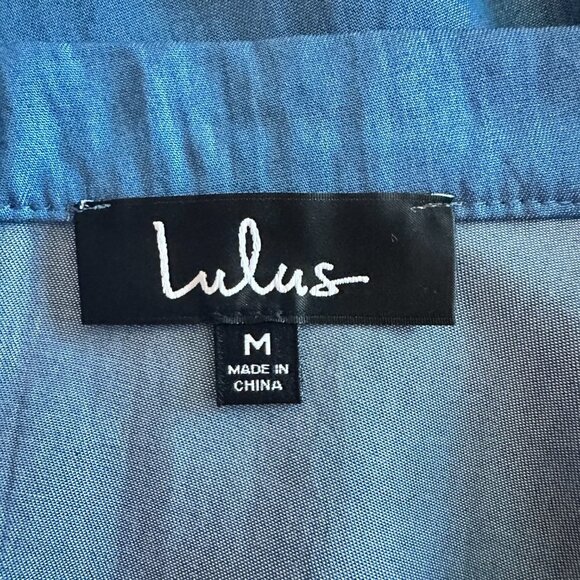 Women's M Lulus Accompany Me Chambray Skirt Skater Blue Flare Fun - Picture 5 of 7